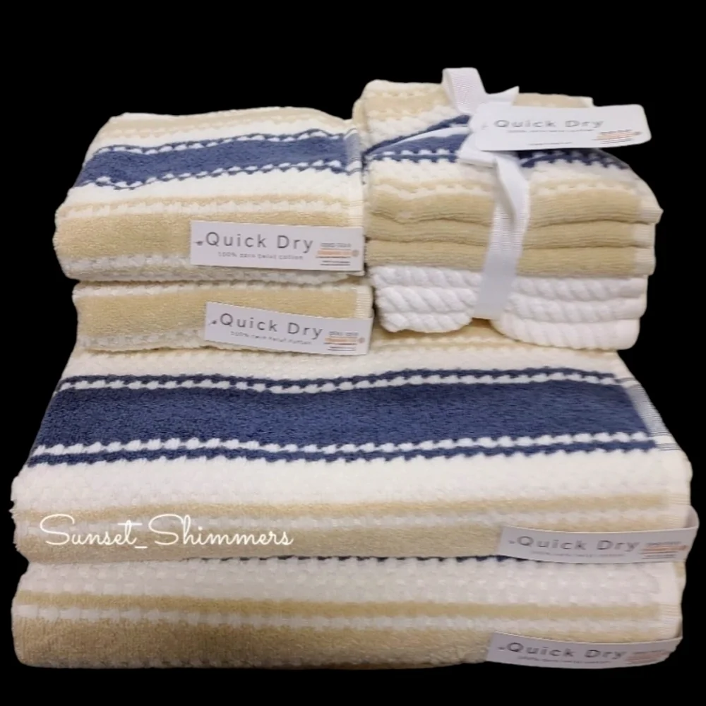 10pc Quick Dry Tan Navy 100% Zero Twist Cotton Bath Hand Washcloth Towel Set